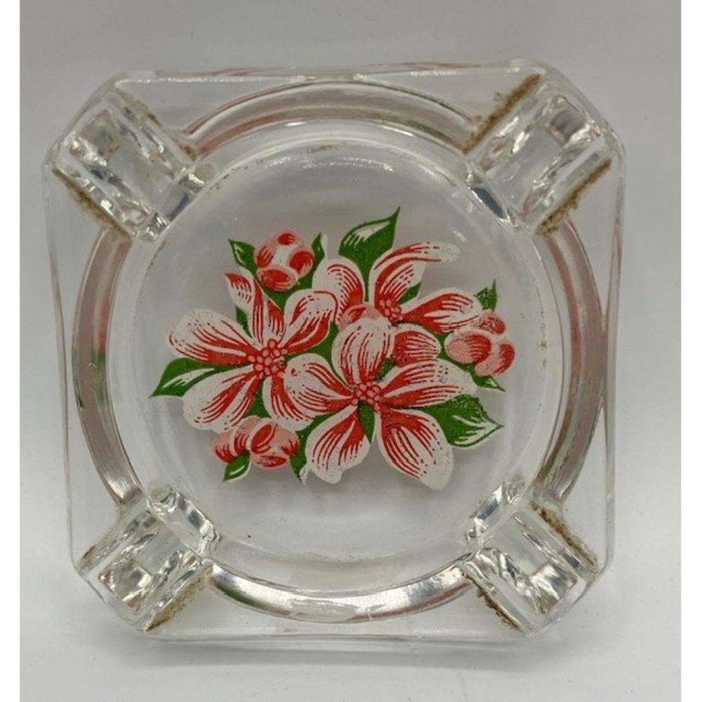 Vintage Glass Ashtray Pink Floral Design Square 3.25"x 3.25" Mid Century Modern